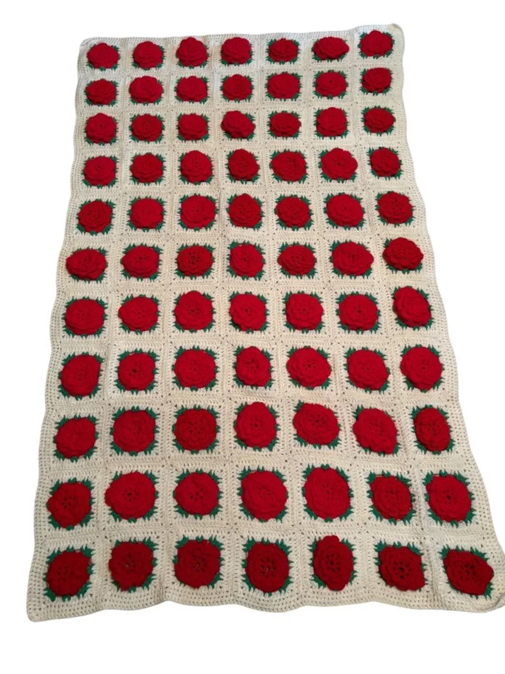 Handmade Crochet Blanket With Red 3D Rose Motif And White Background 42